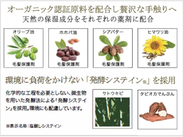 オーガニック認証原料を配合し贅沢な手触りへ／環境に負荷をかけない「※発酵システイン」を採用